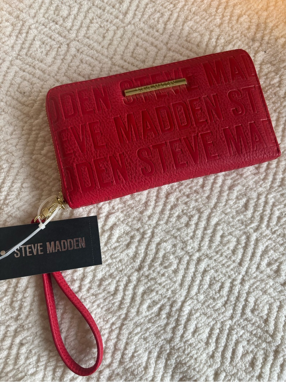 Steve Madden Red Embossed Zip Wristlet with Gold-Tone Accent